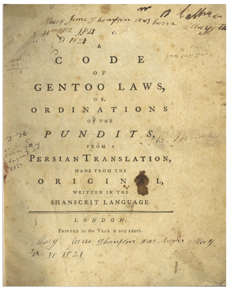 First Edition From 1776 of ''A Code of Gentoo Laws, or, Ordinations of the Pundits'' -- Translation of Hindu Law to Facilitate English Colonial Rule